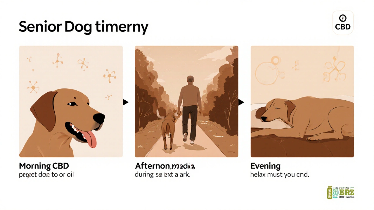 Starší pes klidně spí po podání CBD oleje večer.