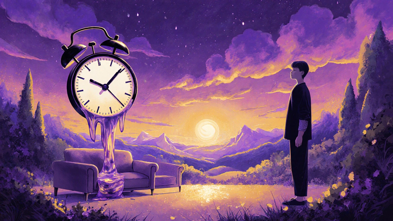 Surreální scéna s roztáknutým hodinami a intenzivními barvami, symbolizující hluboký účinek HHC.