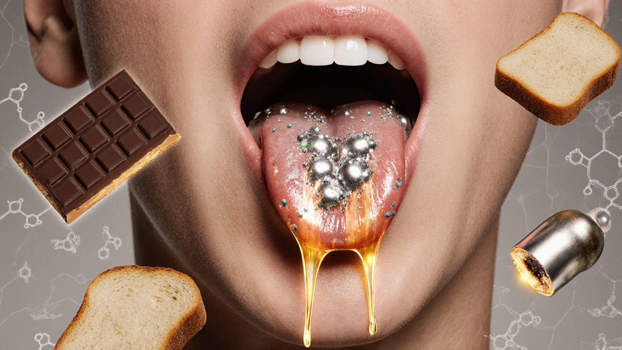 Surreální zobrazení jazyka s neobvyklými chuťovými receptory, které vypadají jako kov nebo sladké světlo.