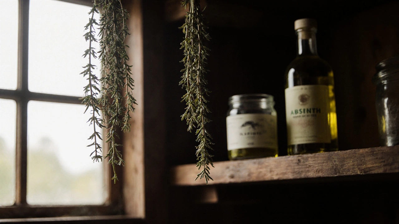 Sušené větvičky tymiánu visící ve skříni s odvarovaným olejem a absinthe.