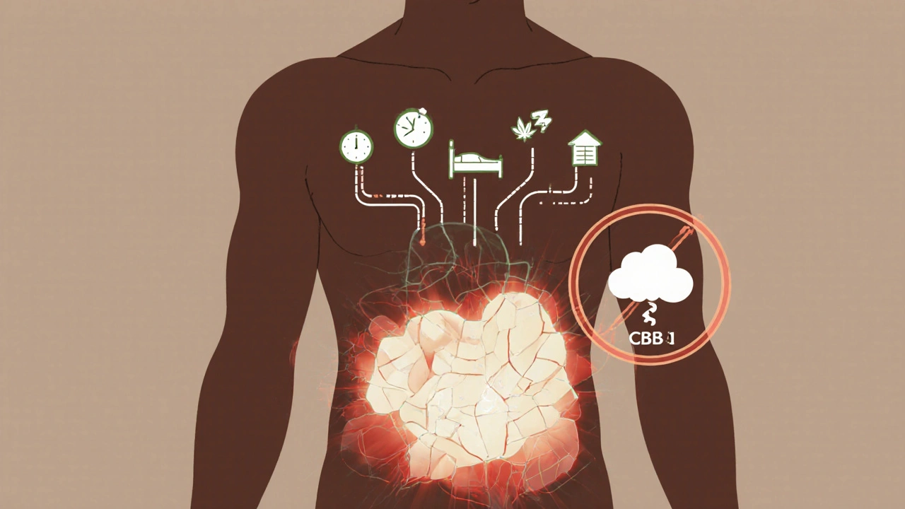Symbolický obraz břicha s ukazateli stresu a metabolismu, CBD molekula není spojena s tukem.