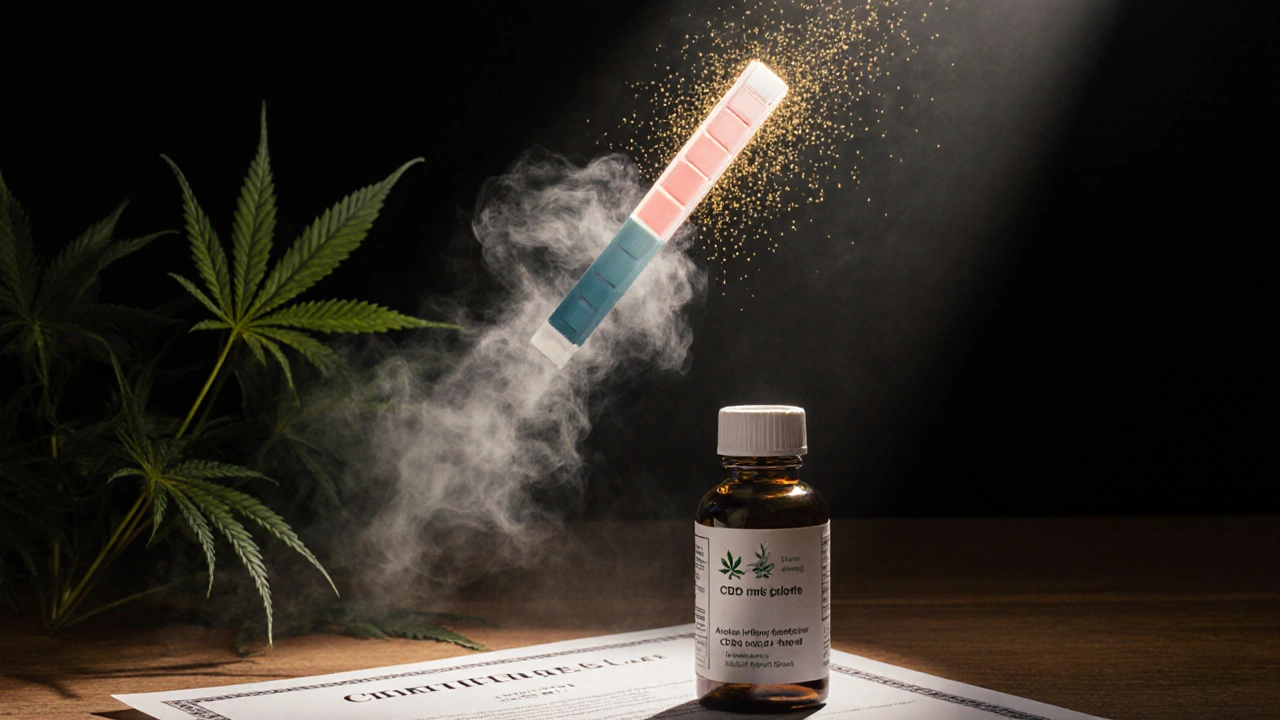 Testovací pruh s lehce pozitivním výsledkem a láhev CBD izolátu na stole.