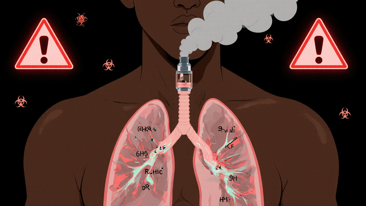 Translucent lungs showing chaotic chemical isomers from HHC vapor inhalation.
