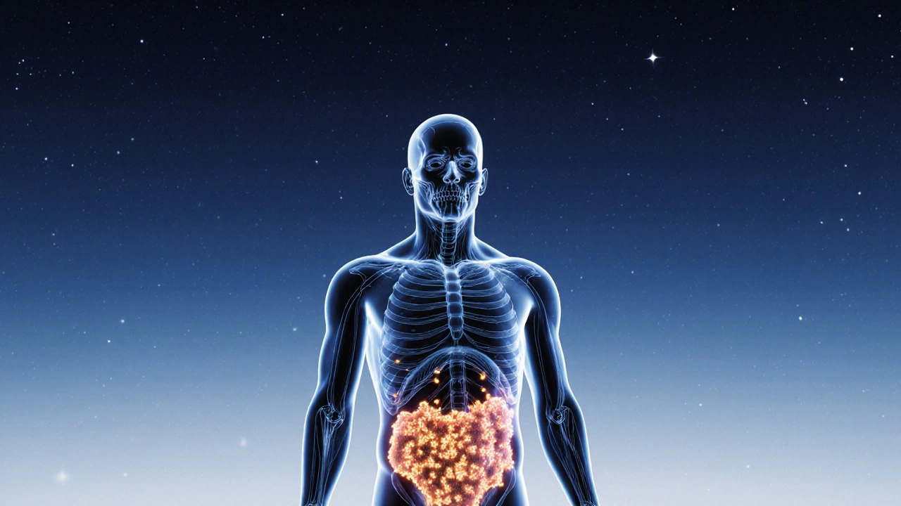 Translucentní silueta s CBD molekulami se hromadícími v tukových tkáních.