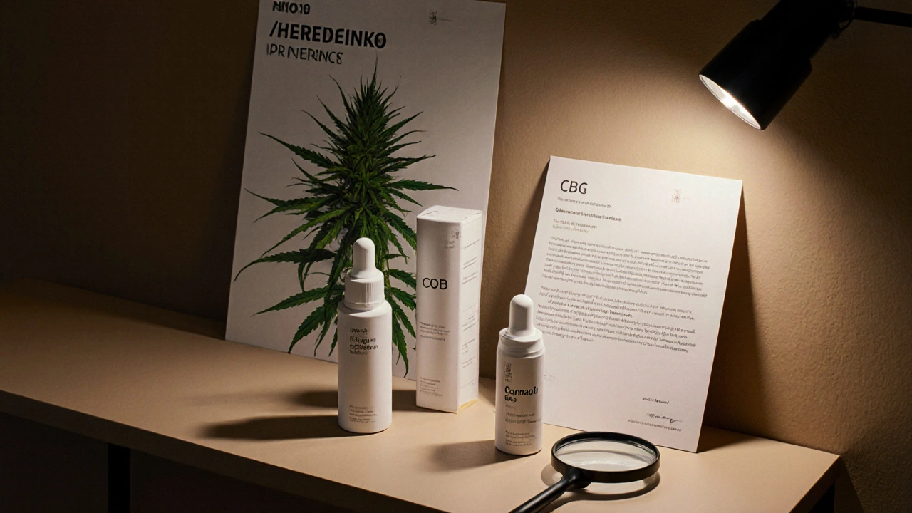 Tři CBG séra na regálu v malé wellness prodejně s laboratorním výsledkem.