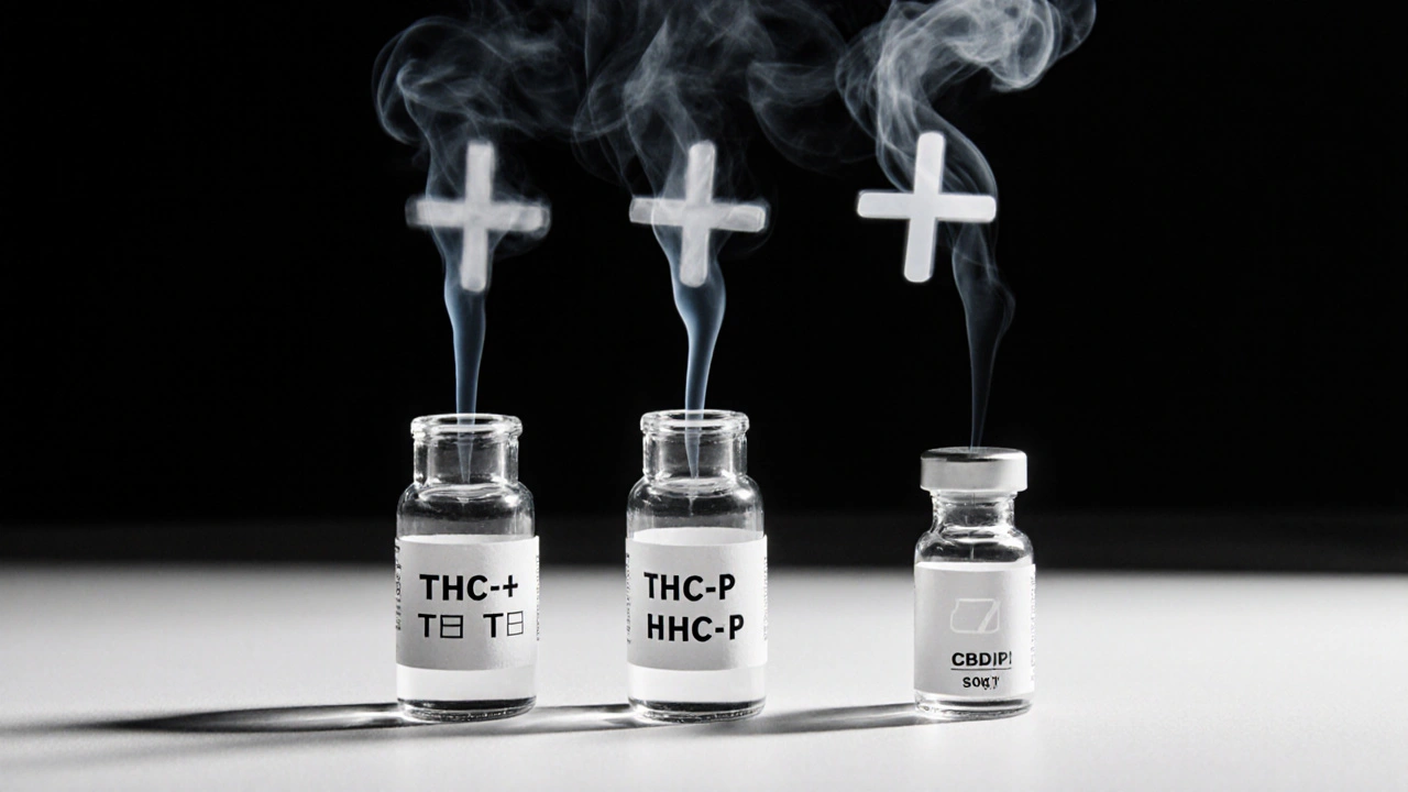 Tři lahvičky s kanabinoidy, které vydávají stejný signál pozitivního testu, vedle nich čisté CBD.