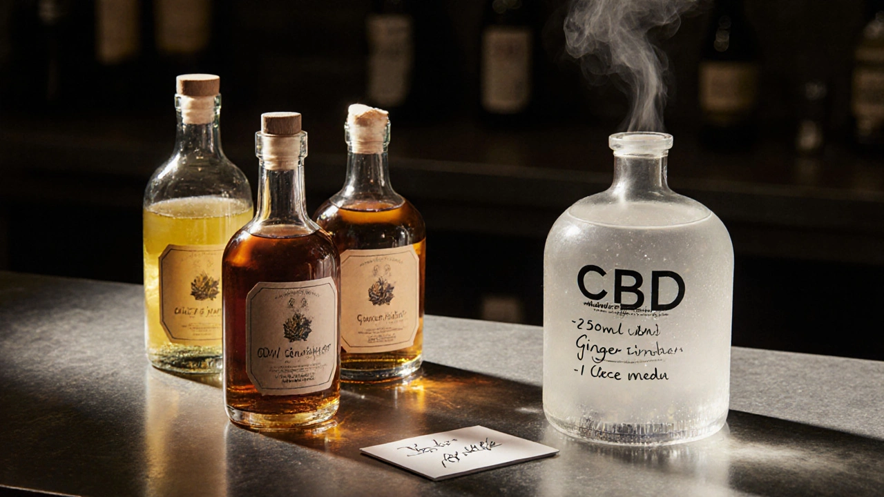 Tři přírodní výtažky a chlazený CBD nápoj na českém baru s ručně psaným receptem.