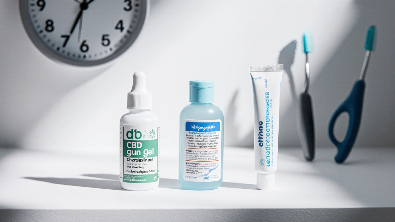 Tři ústní produkty na poličce: CBD gel, chlorhexidin a fluoridová pasta.
