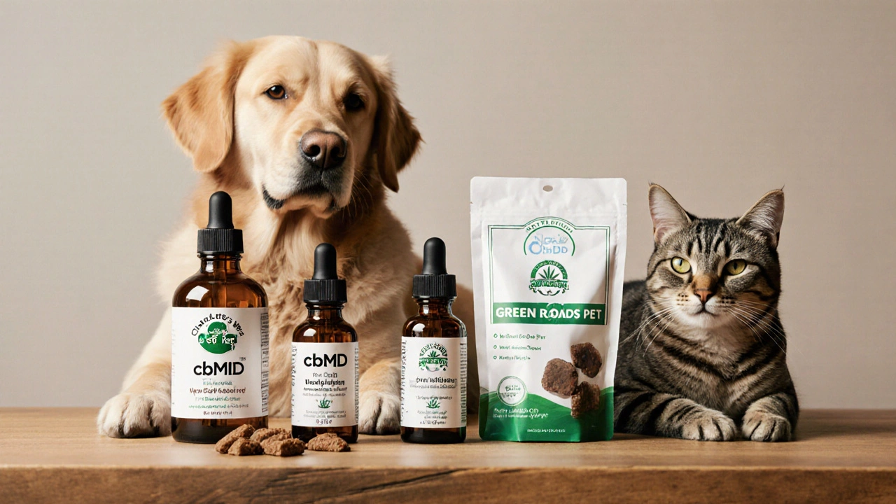 Tři známé značky CBD pro psy a kočky s olejem, sušenkami a laboratorním potvrzením na stole.