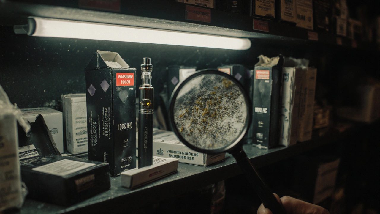 Unlabeled HHC vape pens on a shop shelf with hidden contaminants visible under magnification.