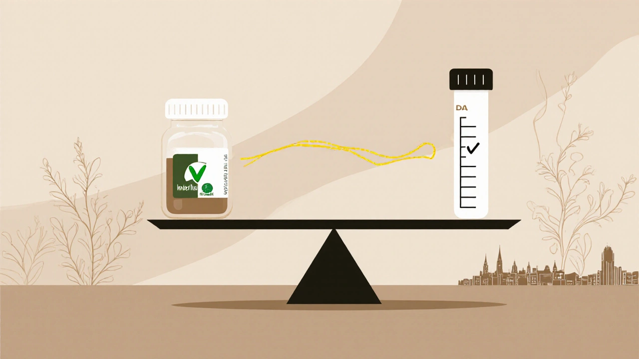 Váha s konopným proteinem a negativním testem na drogy, symbolizující bezpečnou volbu