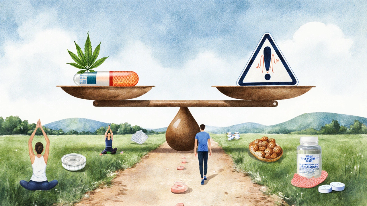 Váha s přirozenými metodami bolesti na jedné straně a léky na druhé.