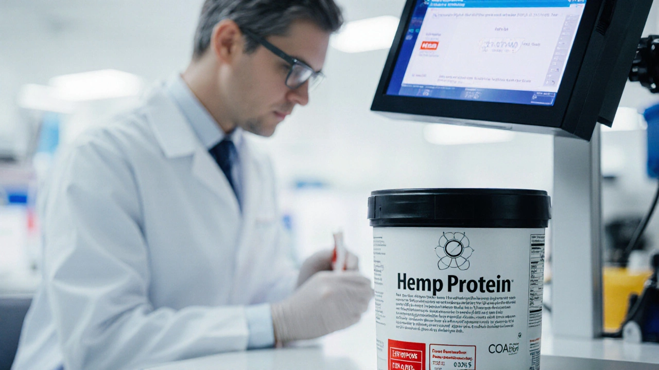 Vědec kontrolyuje negativní výsledek testu na drogy vedle konopného proteinu s COA