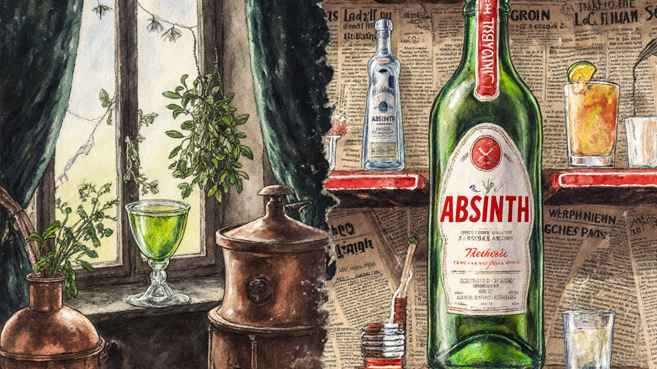 Vodní kresba rozděleného světa: tradiční evropská destilace naproti modernímu americkému alkoholovému regálu.