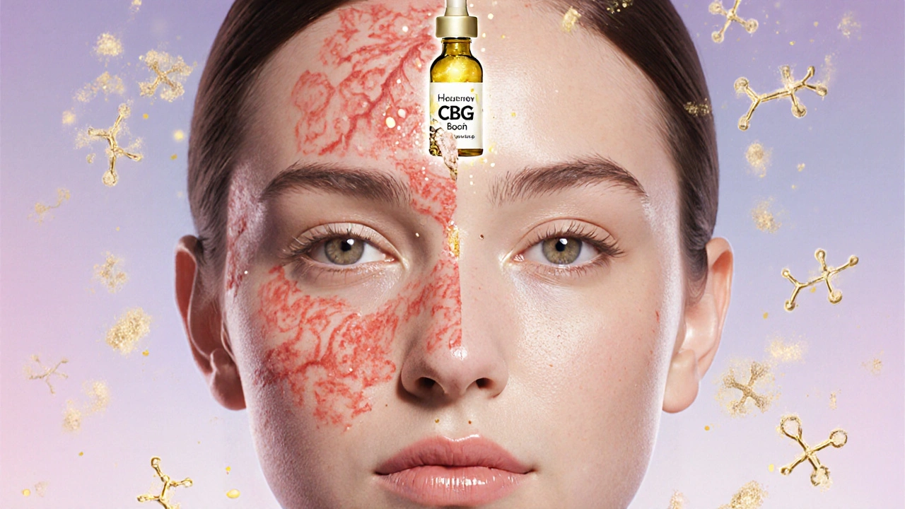 Žena s očividně zlepšenou pokožkou, zlaté částice CBG se objevují nad její tváří.