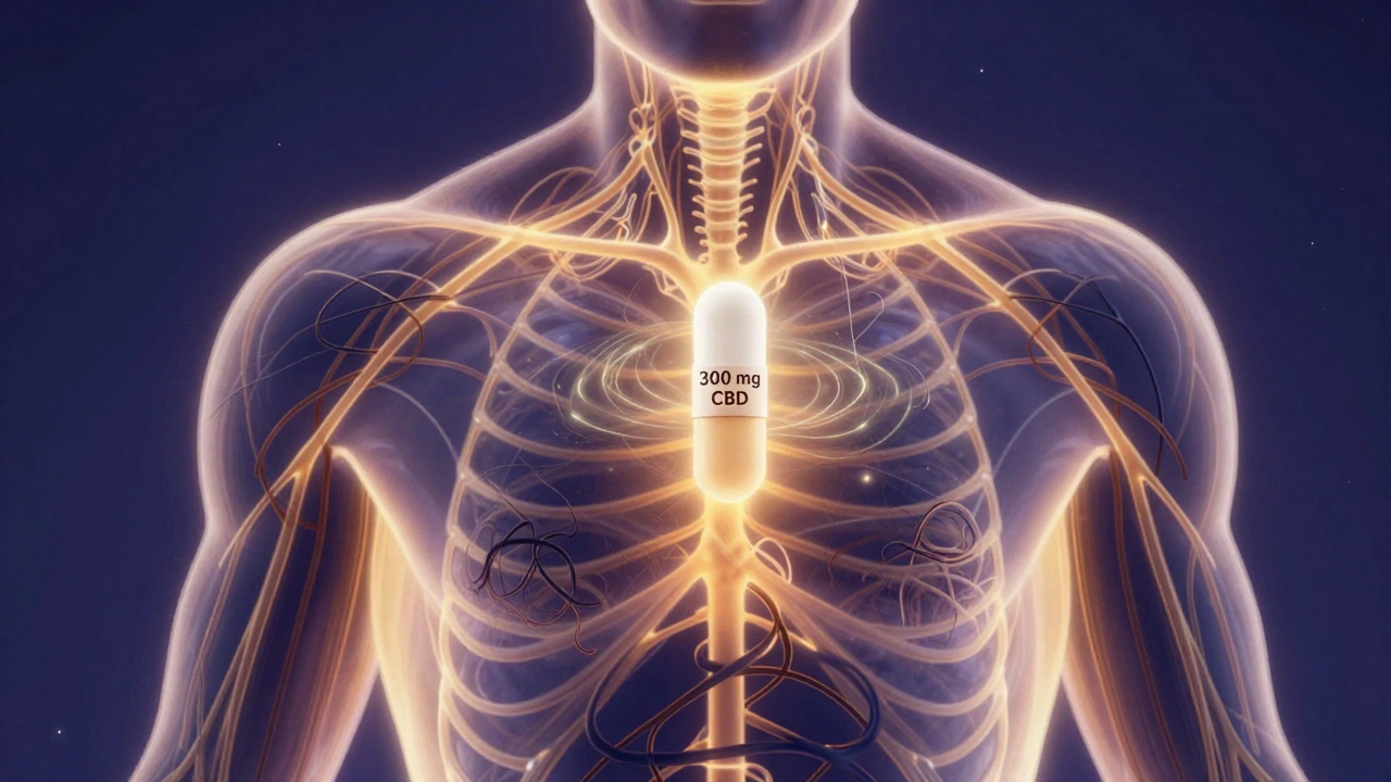 Abstraktní obrázek lidského těla s uvolňujícími zlatými vlnami, symbolizujícími klid endokannabinoidního systému.