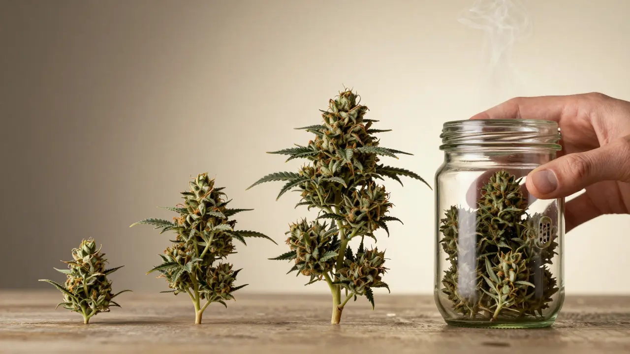 Chronologický přehled vývoje konopných pupenů od začátku květu až po sušení ve skleněné láhvi.