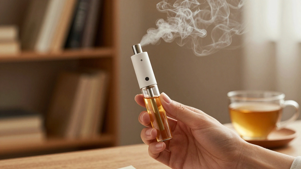 Člověk drží CBD vape pen, jemně vdechující jemnou páru v klidném domácím prostředí.