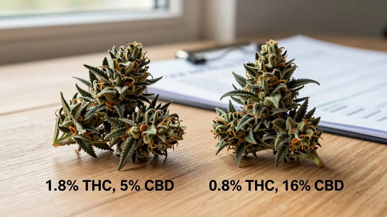 Dva vzorky konopných květů vedle sebe s označenými obsahy THC a CBD.