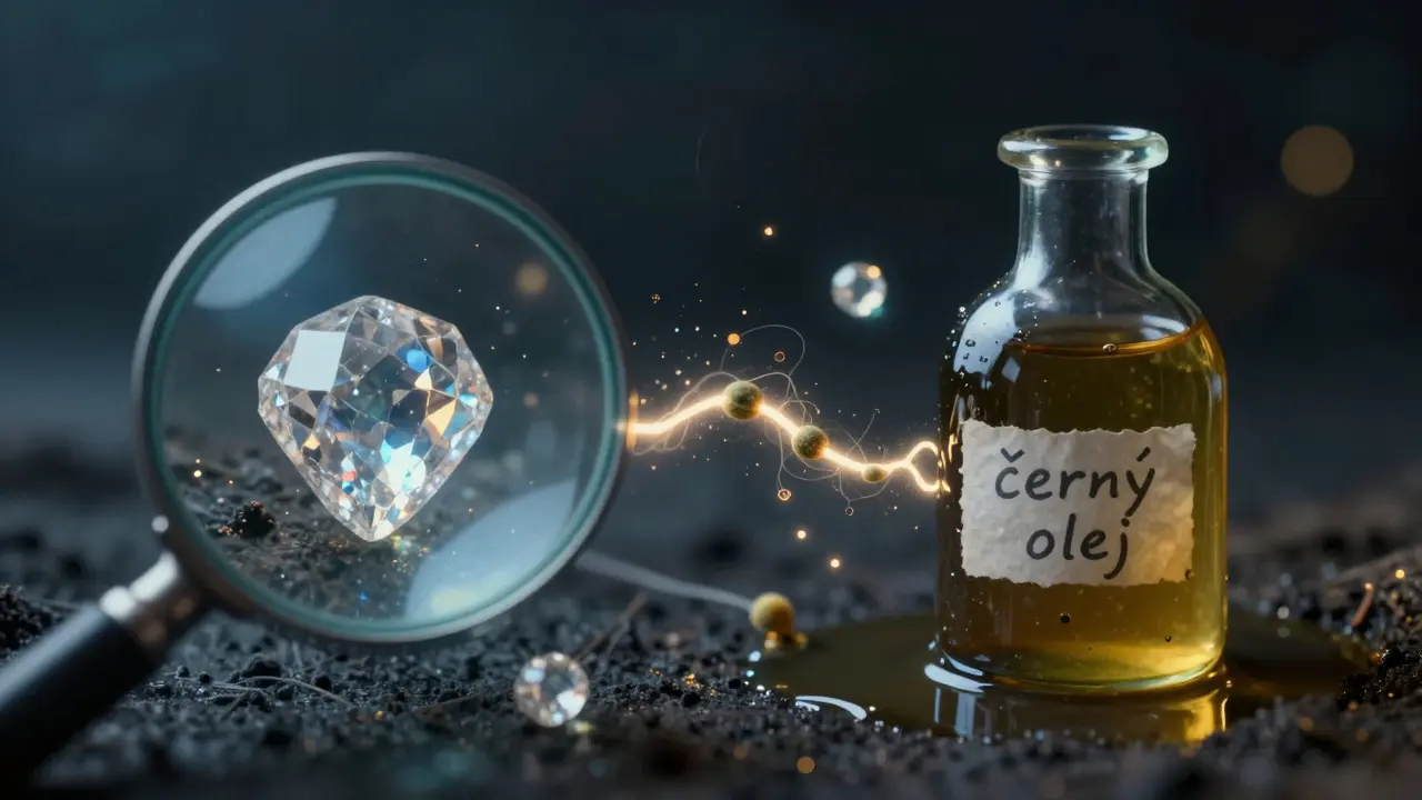 Dvě části obrázku: krystaly THC a tmavý olej spojené zářícími terpeny