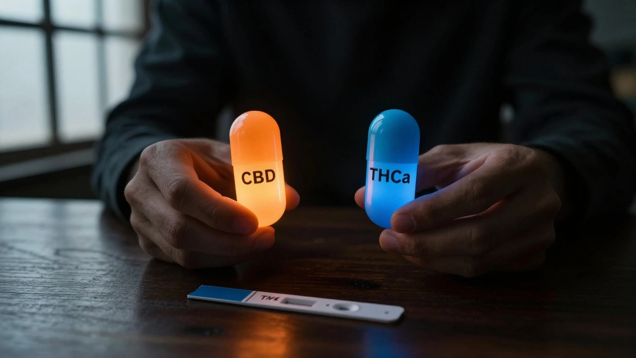 Dvě kapsle označené CBD a THCa s různými světelnými efekty a testem na drogy