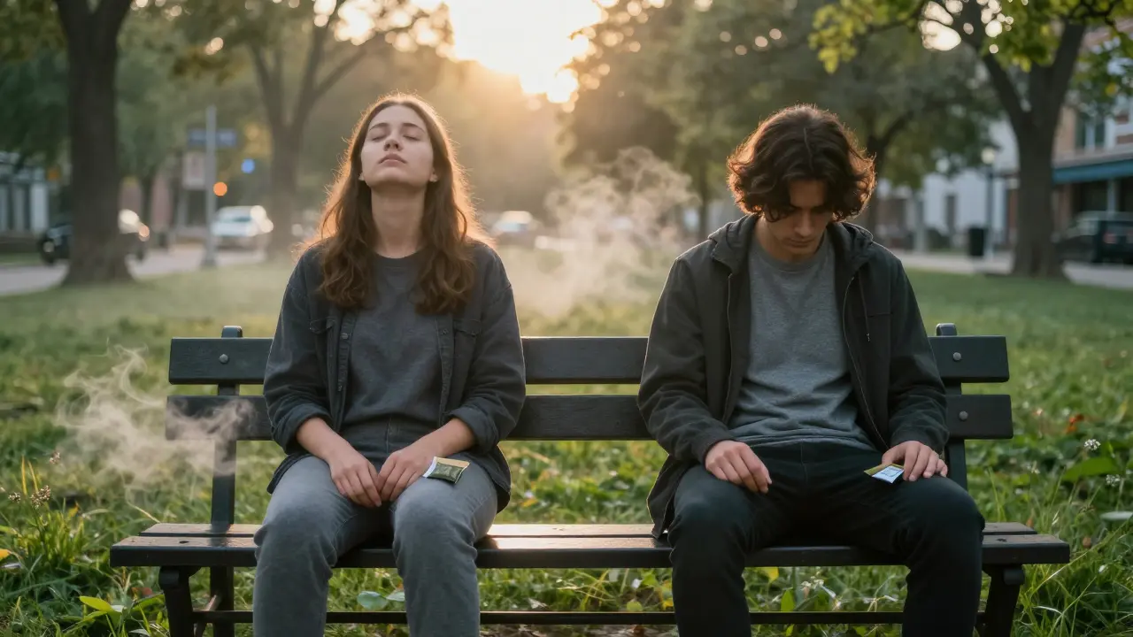 Dvě osoby na lavičce v parku v ranní mlze, klidný a zmatený postoj, symbolizující volbu při léčbě úzkosti.