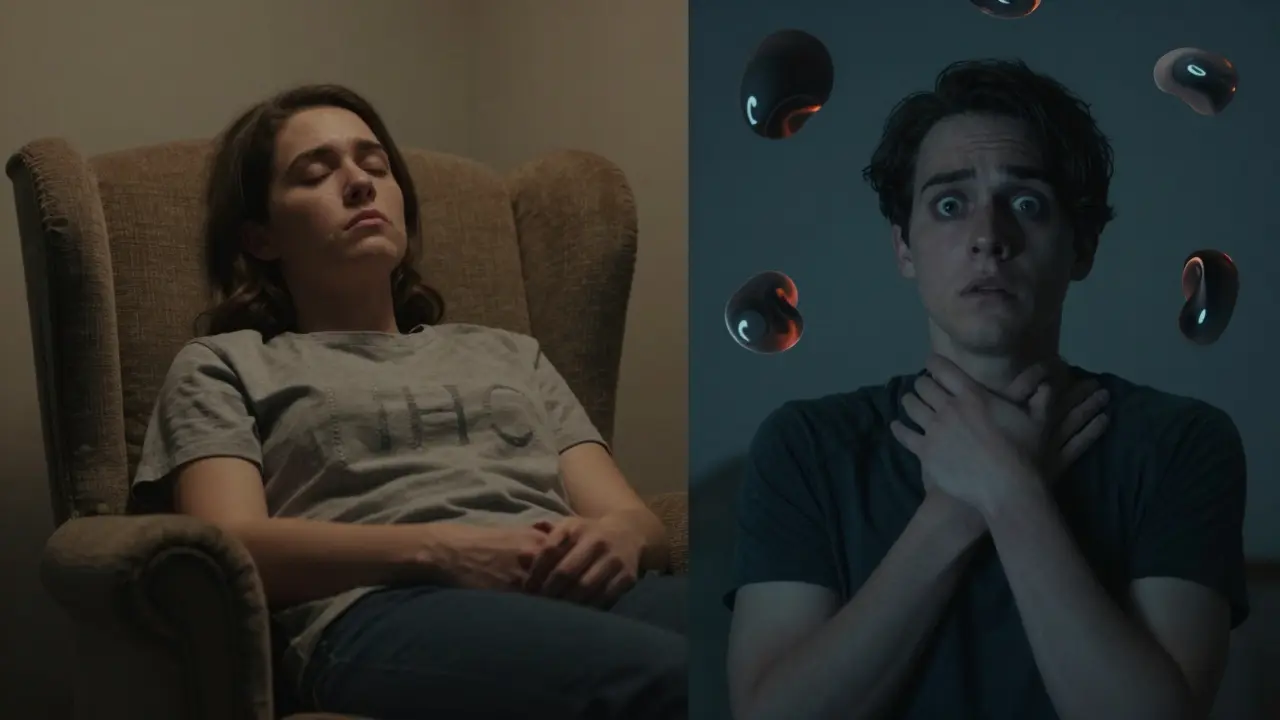 Dvě protikladné scény: klidná osoba vs. osoba s úzkostí, symbolizující různé účinky HHC a Delta-9.