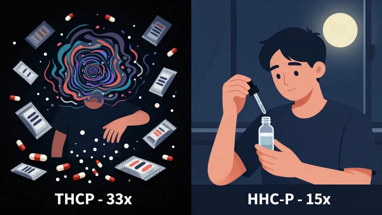 Dvě scény: jeden člověk ztrácí kontrolu z důvodu THCP, druhý užívá HHC-P klidně a přesně.