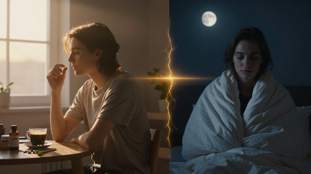 Dvě scény jedné osoby: ráno v klidu s CBD a kávou, večer v klidu pod dekou.