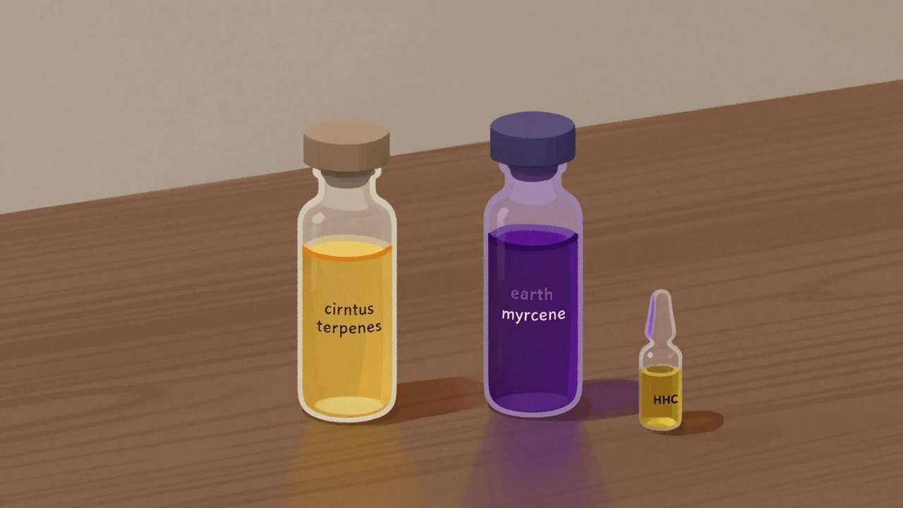 Dvě skleněné lahvičky s terpeny: citrusové a zemní, vedle HHC oleje
