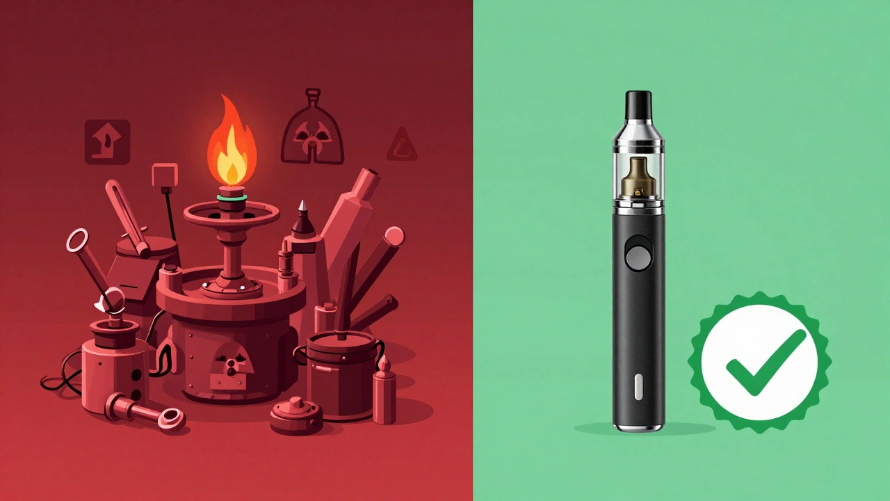 Dvoučástný obrázek: složité vybavení pro dab na levé straně, jednoduchý vape pen na pravé.