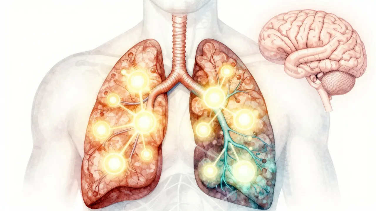 Grafické znázornění CBD molekul vstupujících do plic a šířících se krví.
