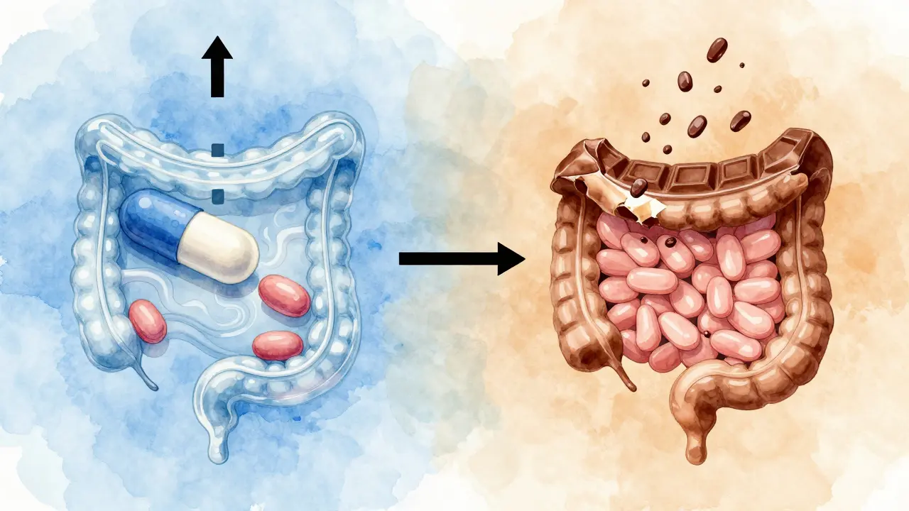 Konceptuální ilustrace srovnávající vstřebávání CBD z kapsle a edibilu.