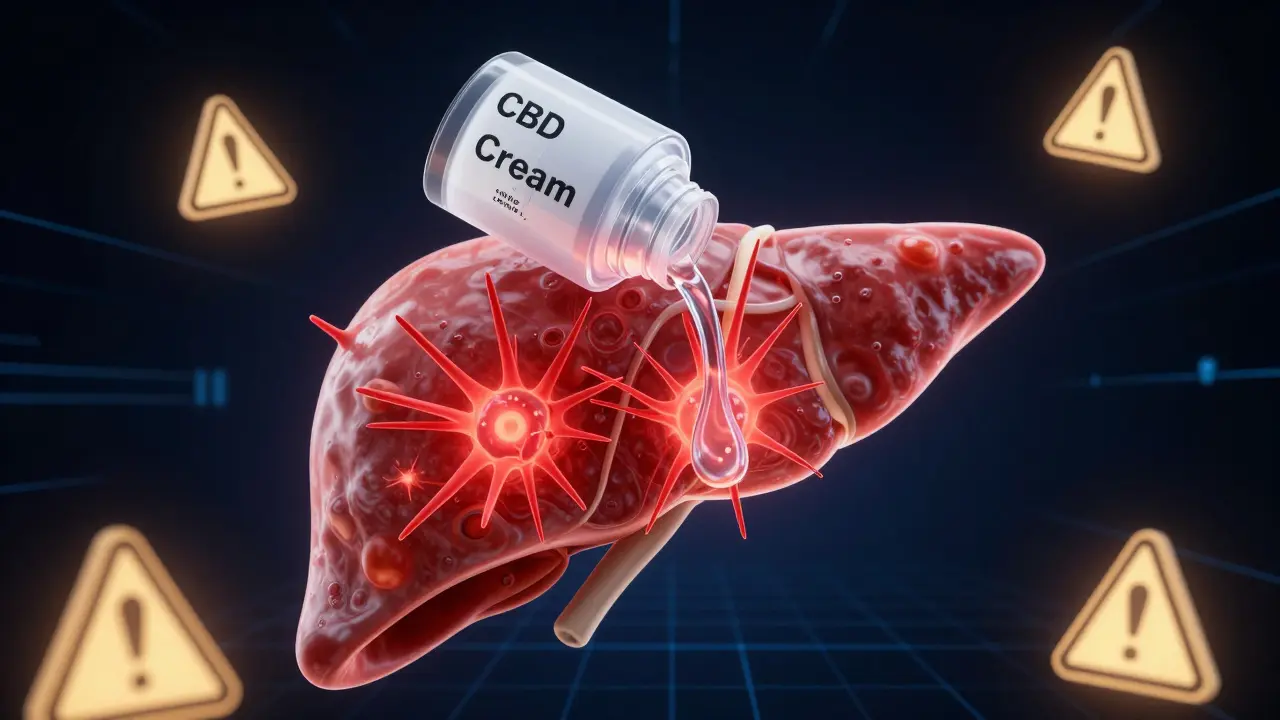 Lékařská ilustrace jater s krvavě červenými enzymy, které vystupují z organu, když do něj vteče CBD z krému.