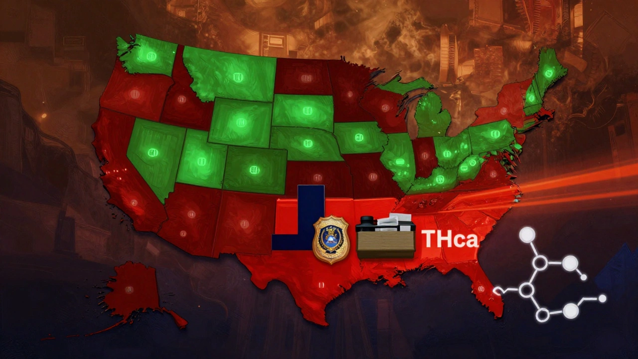 Mapa USA s barevnými oblastmi legálního a ilegálního THCa a molekulární strukturou