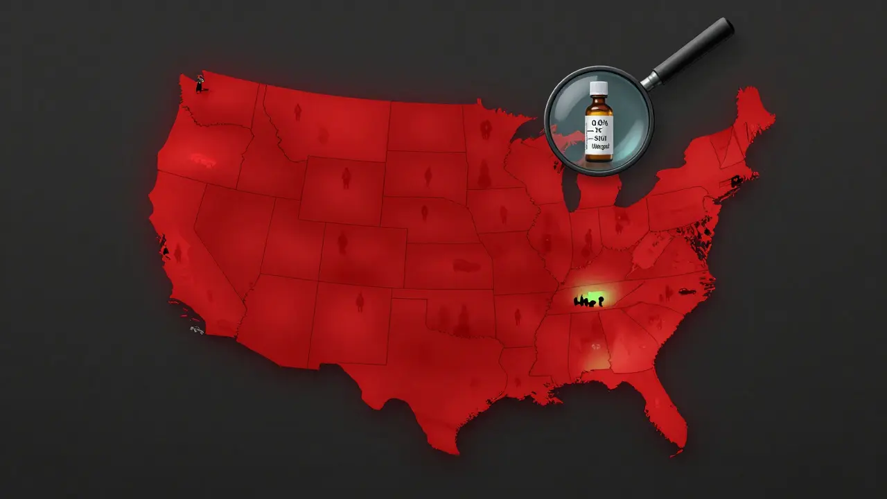 Mapa USA s třemi červeně zakázanými státy a CBD láhvičkou v Idaho.