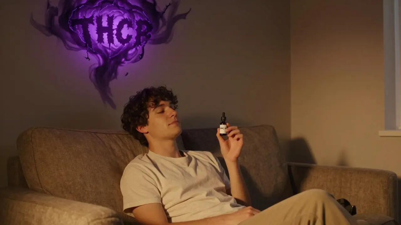 Muž klidně užívá HHC-P v klidném prostředí, zatímco THCP je symbolizováno temným vírem.
