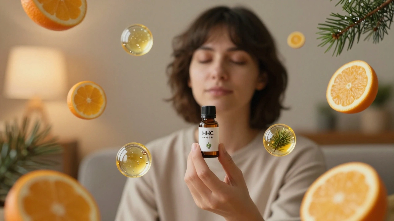 Osoba drží HHC+CBD olej, kolem ní plavou molekuly terpenů v klidném prostředí