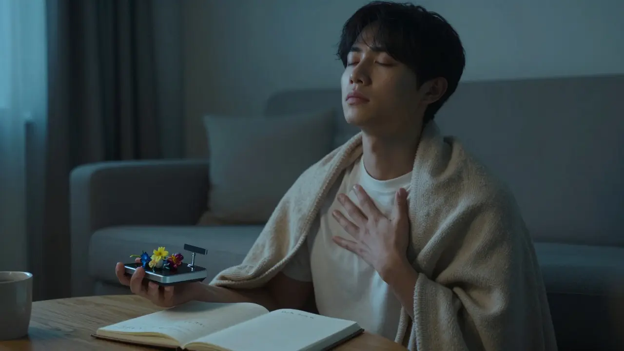 Osoba dýchá klidně v klidné místnosti s malou dávkou květů a denníkem.