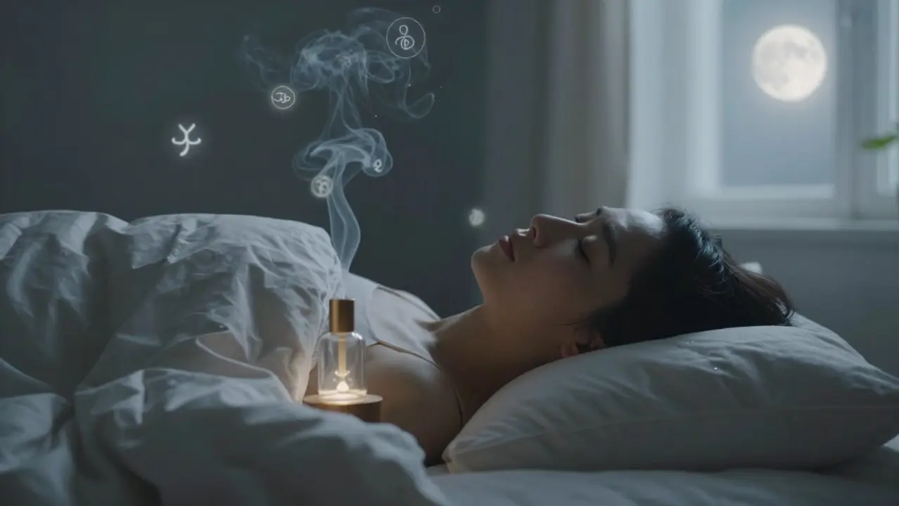 Osoba klidně spící v posteli s jemnou výparou CBD, osvětlená měsíčním světlem, symbolizující noční úlevu.