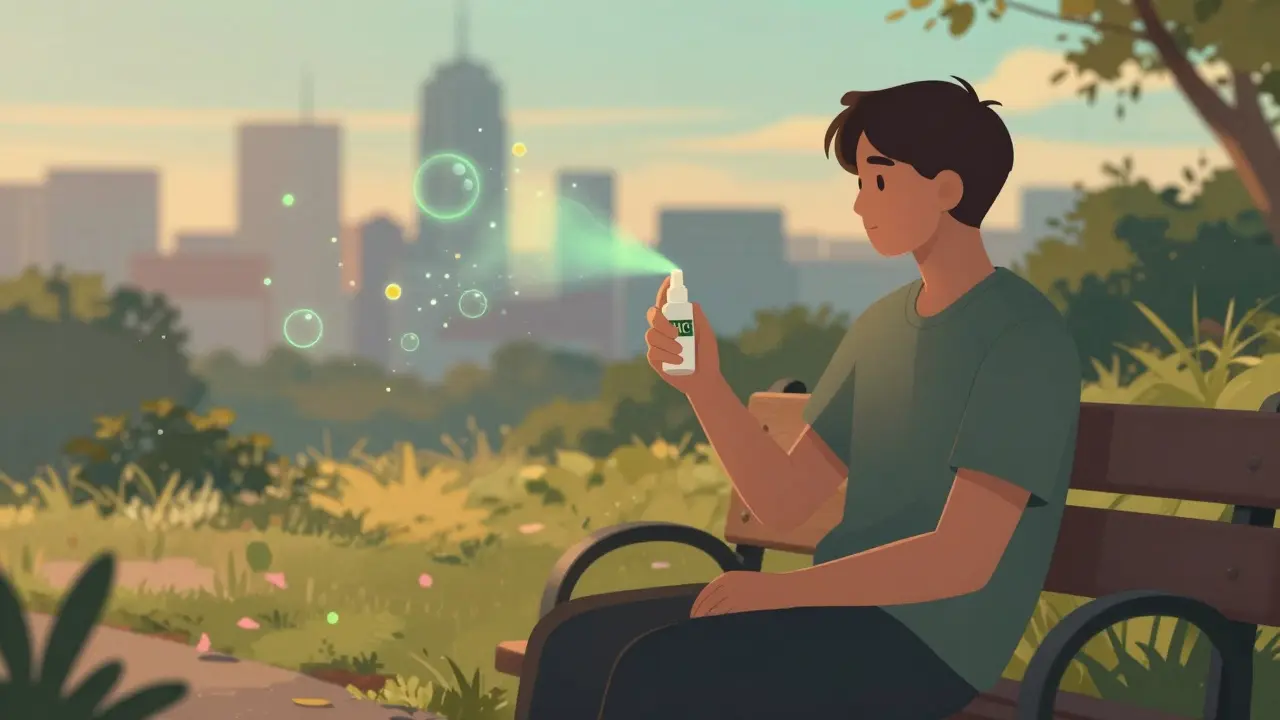 Osoba na lavičce s HHC sprejem, kolem ní plavou terpenové částice