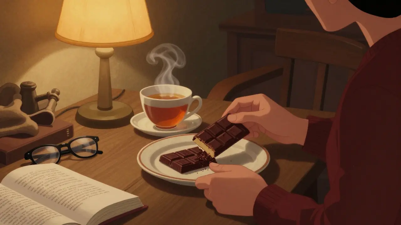 Osoba si chutná na CBD čokoládě večer s čajem v pohodlném prostředí.