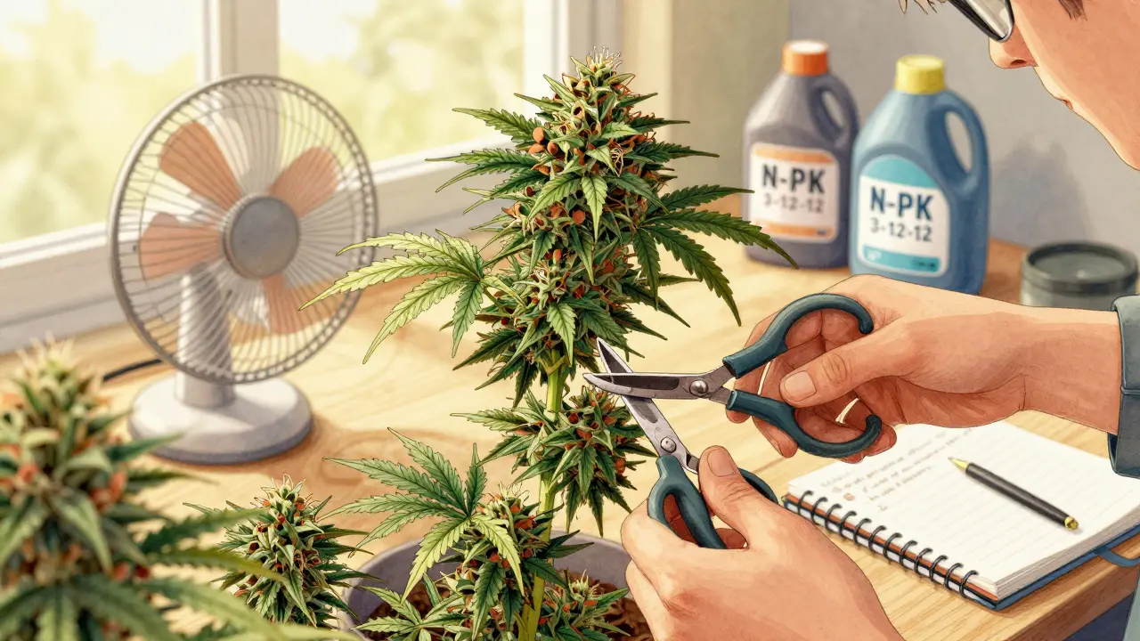 Pěstitel ořezává spodní listy konopné rostliny, aby se energie zaměřila na horní pupeny.