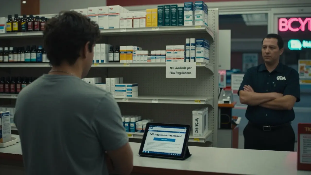 Prázdná police s CBD v obchodě v Nebrasce s vývěskou o neschválení FDA.