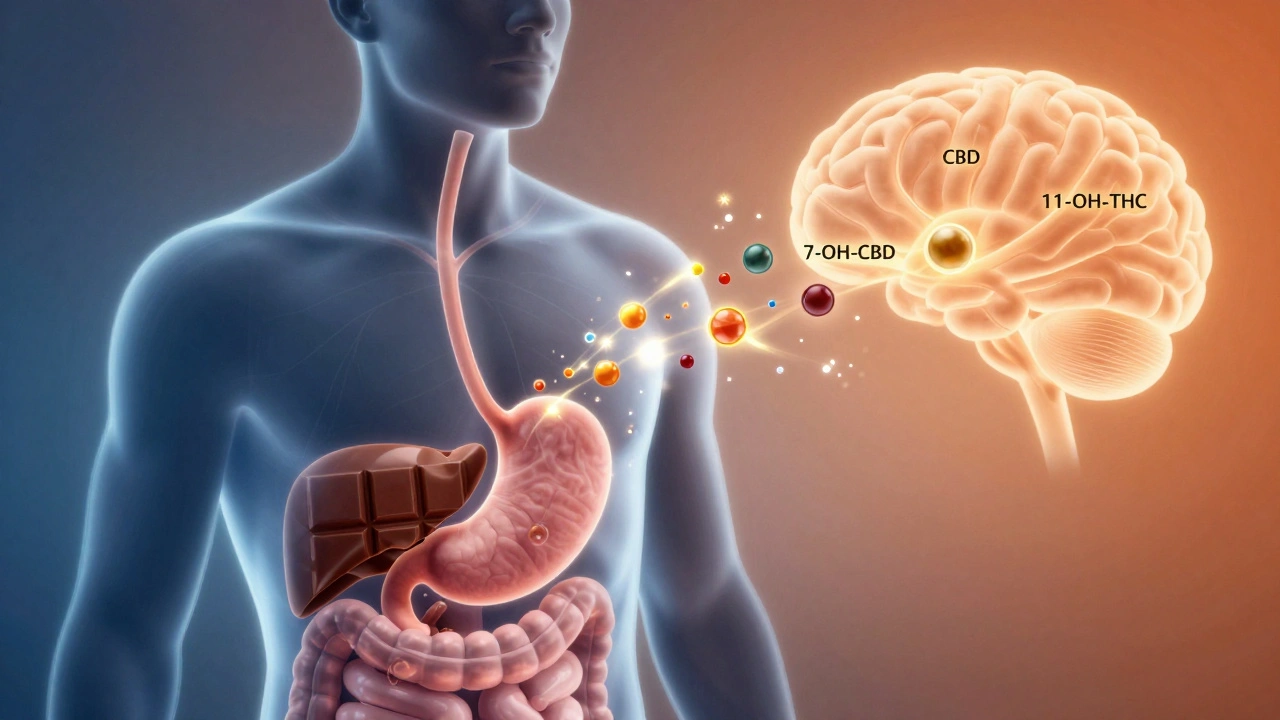 Průhledný člověk s proudy světla ukazujícími cestu konopných látek v těle