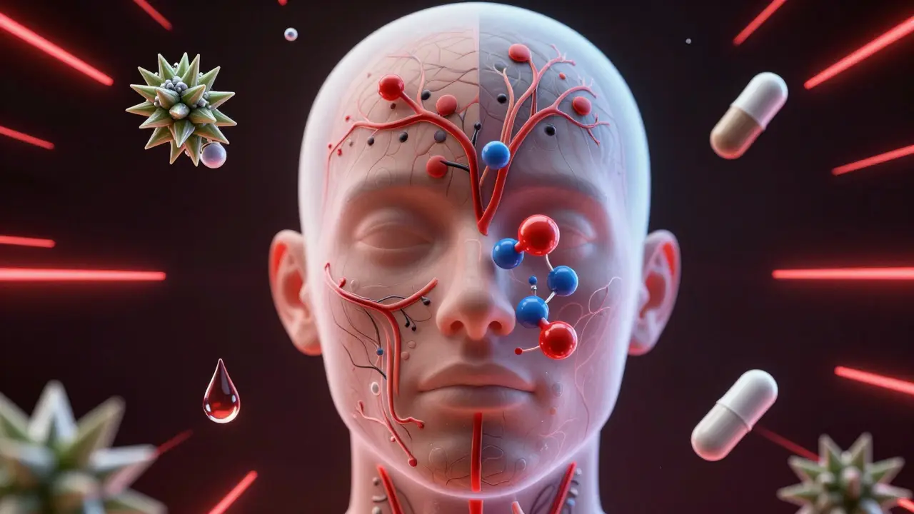 Průhledný obličej s molekulami CBD vstupujícími do krve, doprovázený skrytými nebezpečími