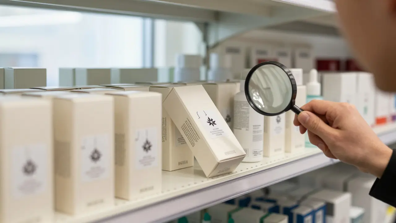 Regál s balíčky CBD kosmetiky, některé s ukrytými symboly THC, jeden balíček je prozkoumáván lupa.