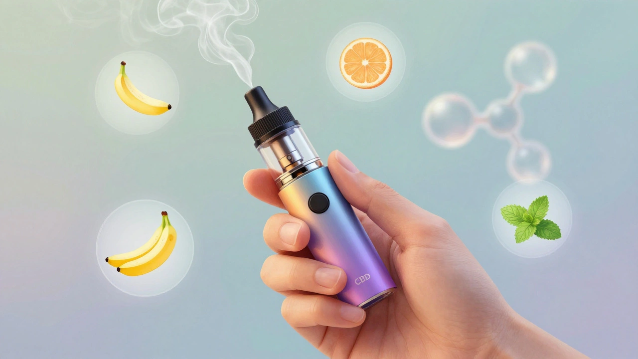 Ruka drží vape, kolem ní se vznášejí symboly ovocných přísad a molekula CBD.