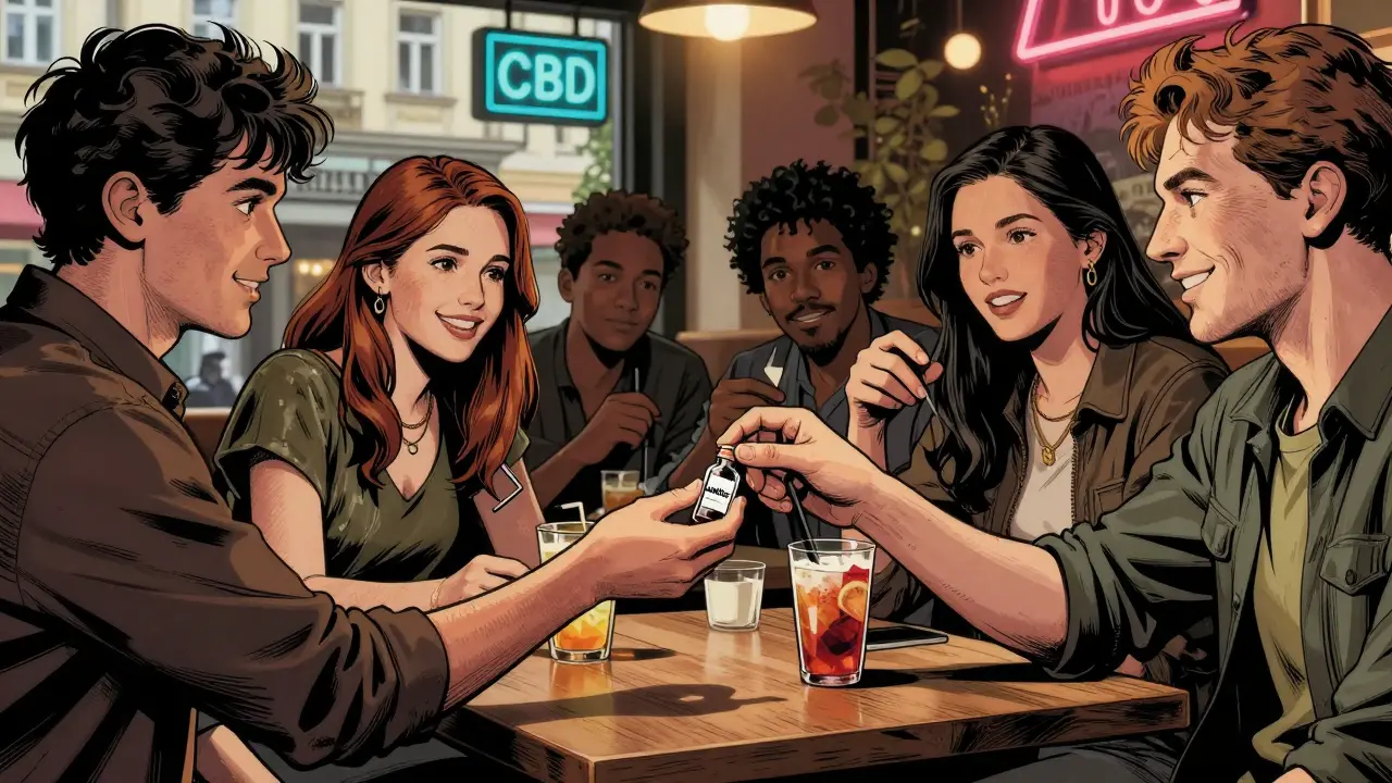 Skupina mladých lidí v pražské kavárně předává skleněnou lahvičku označenou 'shatter'