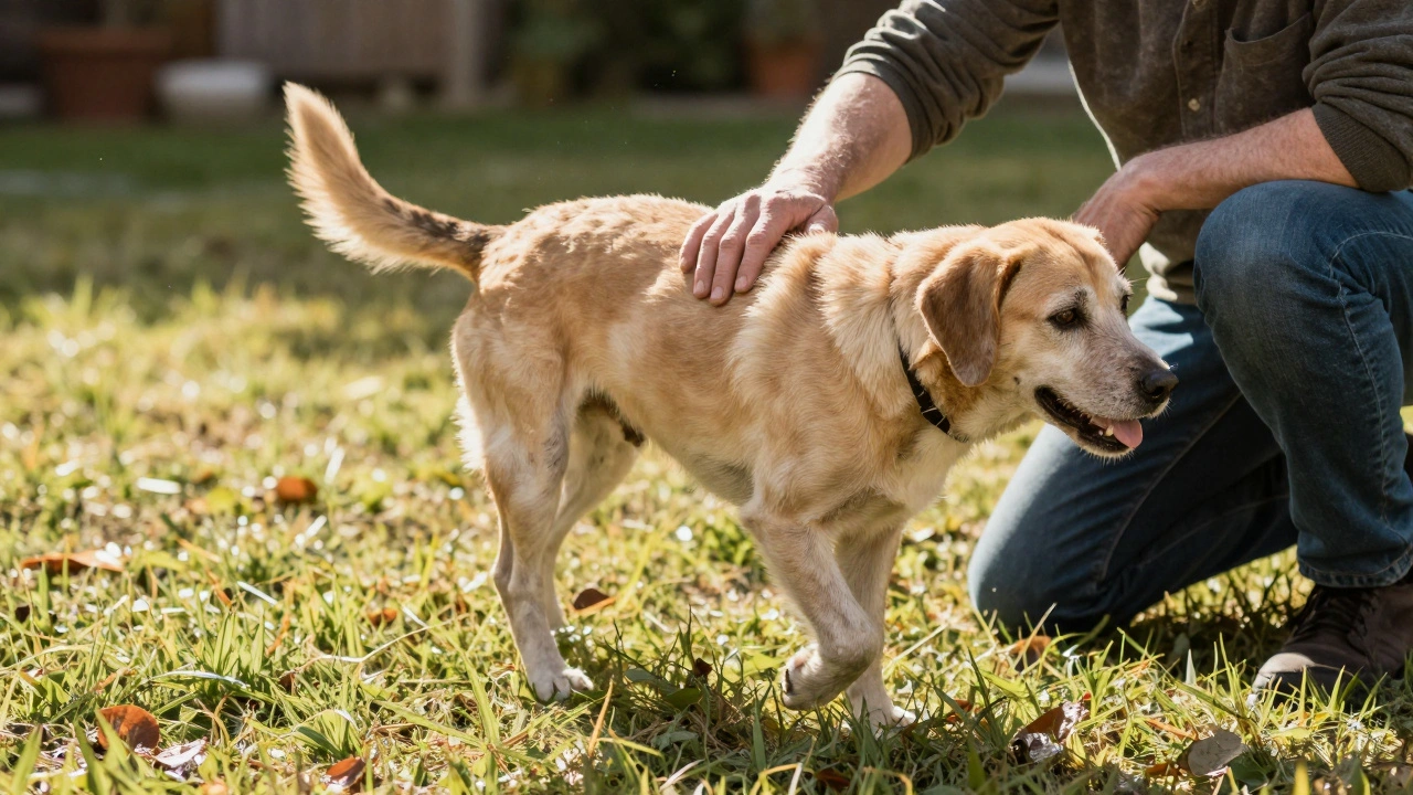 Starý pes s artritidou klidně kráčí po trávníku s majitelem u boku.